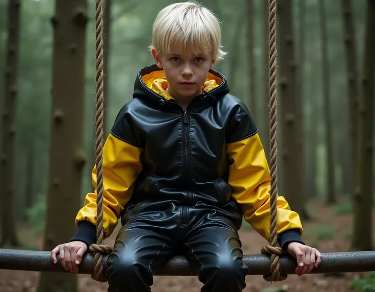  boy,short wet blonde hair,Teenagers uncensored,extremely anorexic,fearful look,fatter butt, Packed airtight in a shiny oversized black and yellow latex sweatsuit and the boy seated on a metal bar and rubber boots, And two men hold the boy,(tied with ropes...