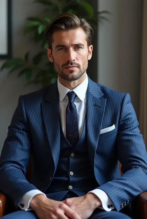  man sitting in blue suit with light stripes with cufflinks on the wrist , vest of the same color , white shirt,  touching the tie that has the color navy blue with small details in red. 