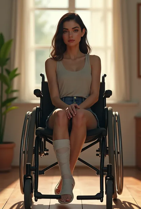 Woman in wheelchair with plaster on one leg