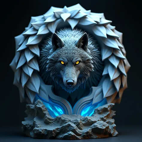 trophy featuring the wolf ,  with surrounding scales and glowing eyes