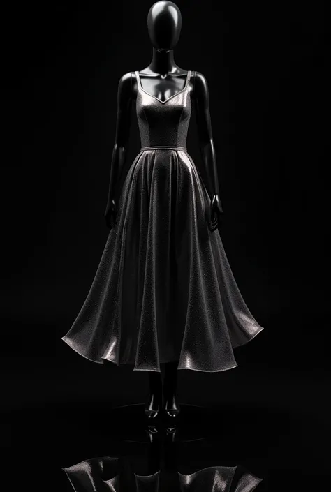  On the black glass floor and black mannequin with black background .  Make a glowing and shimmering liquid mirror dress.  Hopefully it will fit with volume and balance . High-end haute couture. Round and bulky .  Cooled liquid plastic cordless hairstyle  