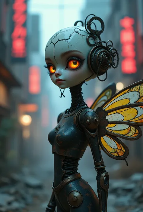 Full-body artwork inspired by Tim Burton and Miyazaki: A whimsical yet eerie fairy cyborg with wings of rusted metal and shattered stained glass. Her porcelain face, cracked to reveal gears, contrasts with wide, expressive eyes. Dressed in neo-Harajuku fas...