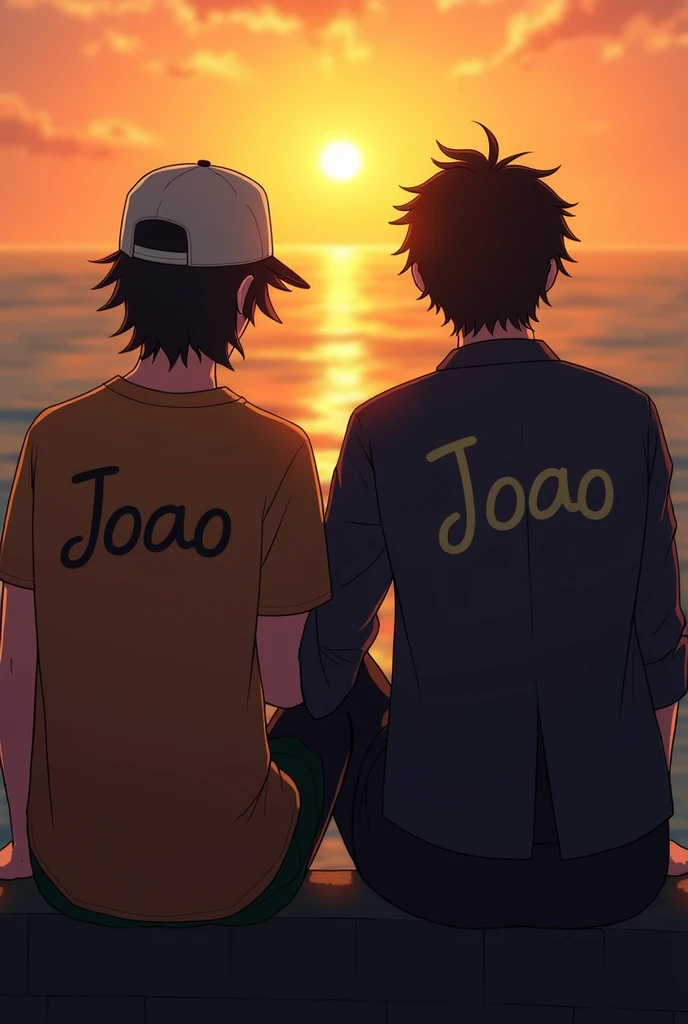 2 ren with a cap backwards ,  jacket and black hair watching the sunset seated ,  and that JOAO is written on the back of the shirt of the boy on the left, And on the boys jacket on the right BIT 