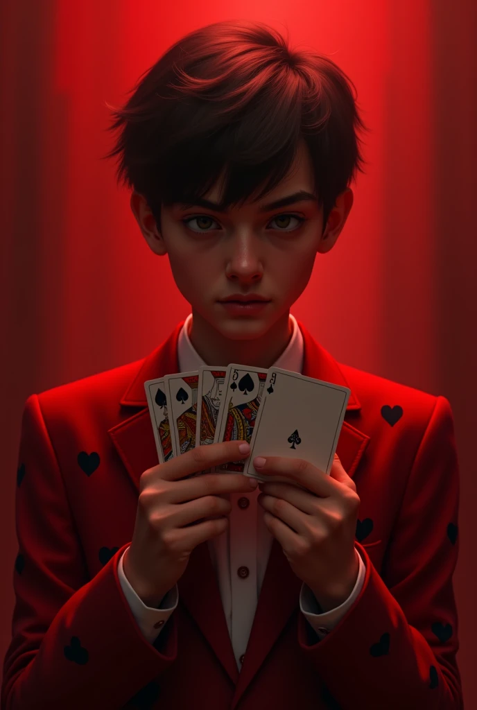  reddish and dark background with a Reddish silhouette  , Reddish ,  a 16-year-old boy ,  he wears a red suit with a print of black hearts ,  while holding cards in his hands ,  as if they were symbols of his power .  His defiant gaze reflects the ambition...