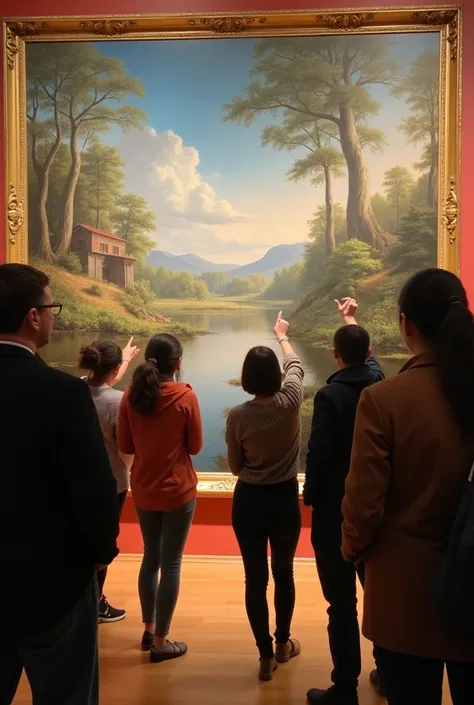 Multiple people point to beautiful paintings 