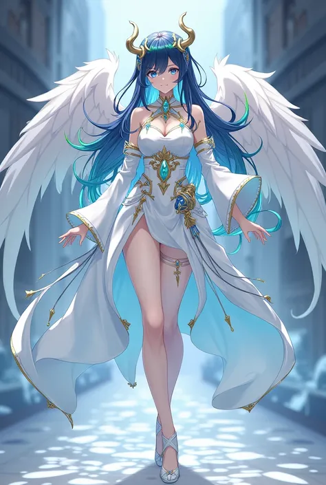 Create an adult woman, Honkai Star Rail game character with the following characteristics:  long hair with navy blue fringes with olive green tips ,  wearing an angelic style with white clothes with light blue details, with open white heels , with many acc...