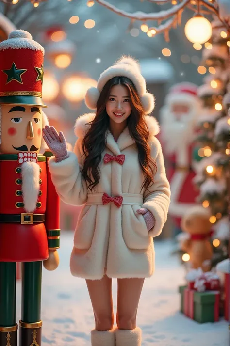 a realistic High resolution image of a charming korean woman with a wavy dark  brown hair wearing a cute candy cane desi and white furry christmas outfit with gloves, ear mops, and boots while beside a big nutcracker soldier, snow balls front face smiling ...