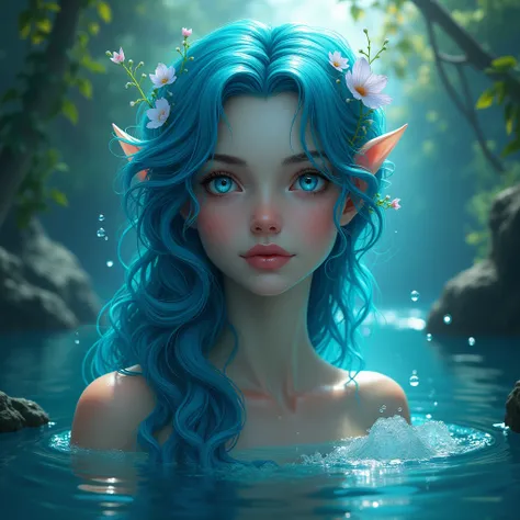 A Naiad is a goddess of the waters, a water nymph who lives in rivers, lakes or springs. She appears as a female creature with water features, blue-turquoise hair, and blue eyes.