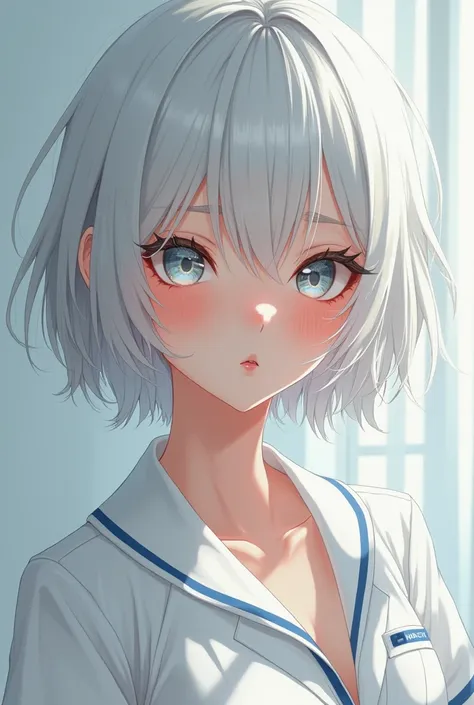 Beautiful short haired girl, white color, Medica dressed for summer,  the face of a pervert  