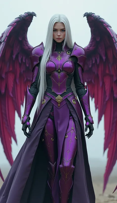 Robotic Ukrainian girl with purple & scarlet colored armor, Partial body Armor, wearing a long leather coat, purple & Scartel Wings, white extra long hair, special details on the arms, two swords on the coast, golden rings scenario, Hyper-realistic, 8K, pe...