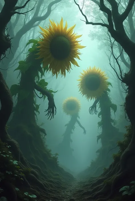 Humid dry forest with fog and terrifying sunflowers