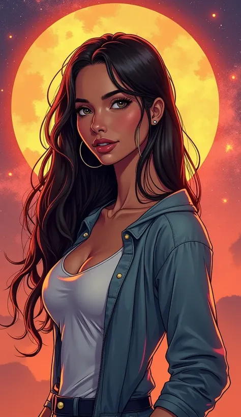 An adult American woman in comic book style, with realistic and elegant features. She is dressed in low-key, casual attire appropriate for a low-key look. She has a discreet, warm smile, and the background features vibrant colors inspired by astrological t...