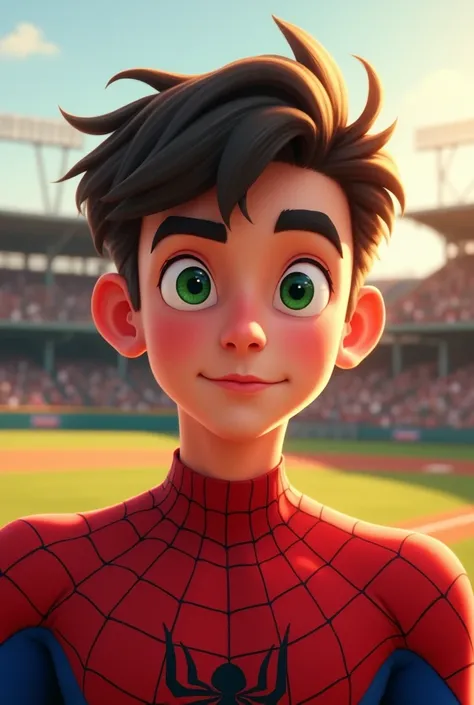 #GTA 2D Animation .   Portrait of a white-skinned, green-eyed young man ,  full eyebrows and full pink lips  .  in a Spiderman costume ,   in the background you can see a baseball stadium bathed in afternoon light.