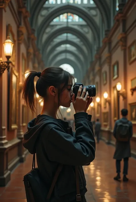 Realistic teenage girl taking pictures of paintings with a camera in an art museum　Gothic