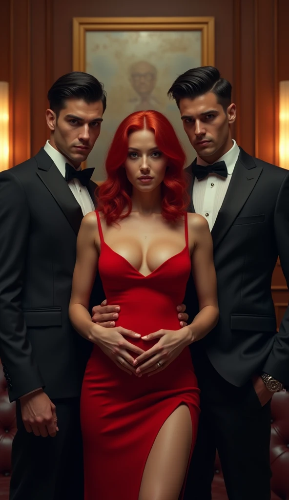 A highly detailed and dramatic scene featuring a beautiful red-haired gorgeous woman placing her hand on her belly, red sexy dress,  between two beautiful identical twin men CEOS ,   perfect traits, muscular man in elegant suit , well outlined body , Looki...