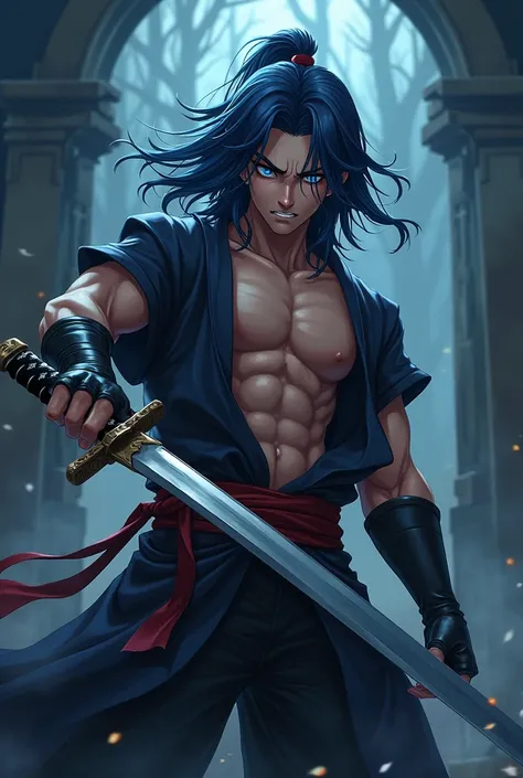 (( best quality )) (anime),  a young muscular boy ,  with long navy blue hair ,  wielding a samurai sword . He has tall canines ,  giving him a fierce appearance.  the atmosphere is dramatic ,  with dark and mystical lighting ,  highlighting his imposing p...