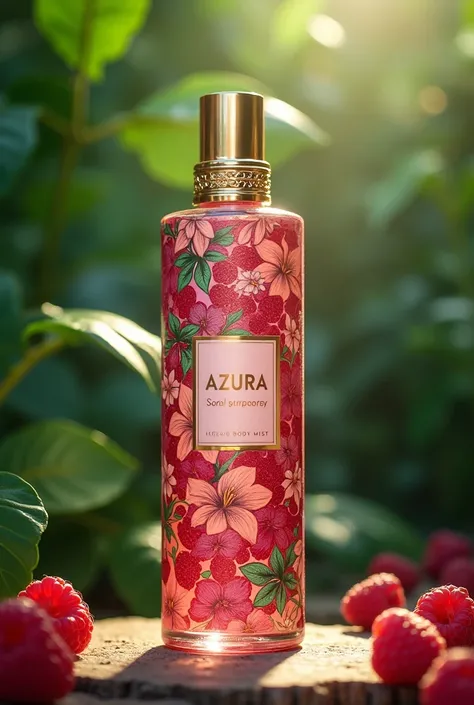 Me générer une image avec une brume corporelles  a la framboise avec comme nom de marque azura avec un packaging exotique et tropical luxueux