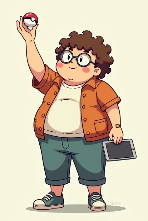 A drawing of a chubby guy, Of glasses and devices , Curly brown hair holding a Pokébola pointing it up