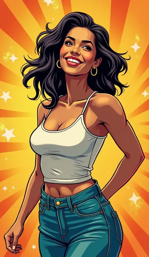 DISCREET image. with discreet casual clothes. image adult woman, american, comic book style. happy. IMAGES WITH VIBRANT COLORS.