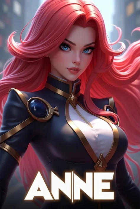 A 3D illustration artwork the character of mobile legends musketeer Lesley with a bold text "Anne" at the bottom. A long red blonde hair.