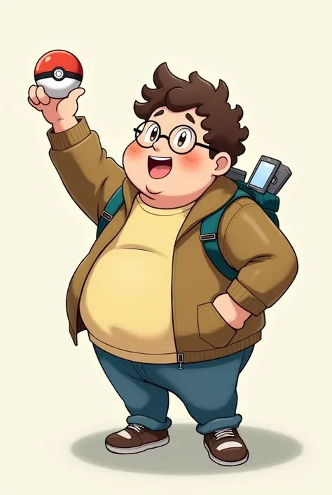 A drawing of a chubby guy, Of glasses and devices , Curly brown hair holding a Pokébola pointing it up