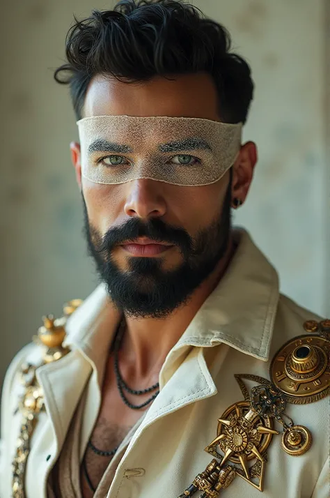 Latino man dark-haired , robust build , well-groomed beard,  with steampunk clothing in light and gold tones with veil covering her hair and covering her mouth, showing his green eyes  