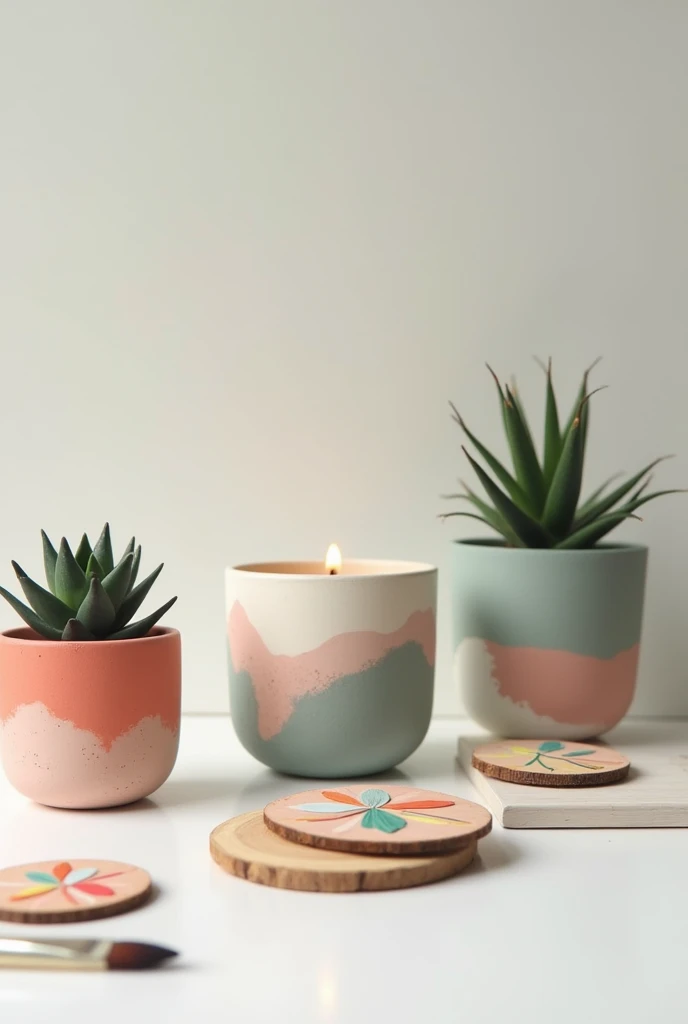 A poster, with no text, for a DIY workshop to paint a small empty planter and a small flat round wooden ornament. A few small planter has colorful modern minimal in neutral tone painted on it. One planter has a candle inside it. On the small ornaments, sho...