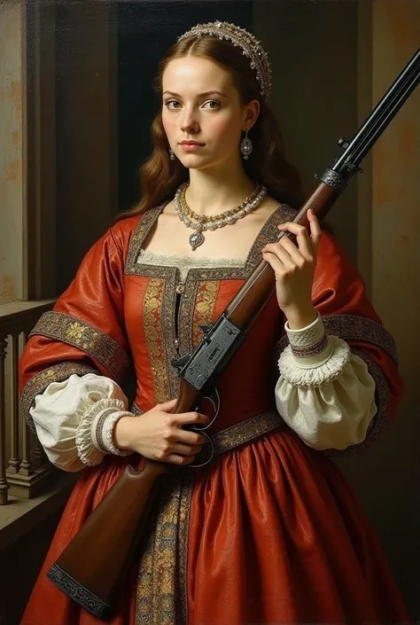 Fais moi un visuel, style peinture renaissance. Avec une femme habillée à l’époque du 16eme siècle. On voit seulement son corps / bras, on ne voit pas son visage au complet. Elle tient en main un famas.