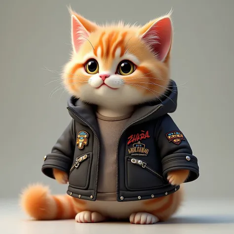 (masterpiece)),((top quality)),((high detail)),((realistic,)),cute cat with rock styles, on her jacket it says "Zhara"
