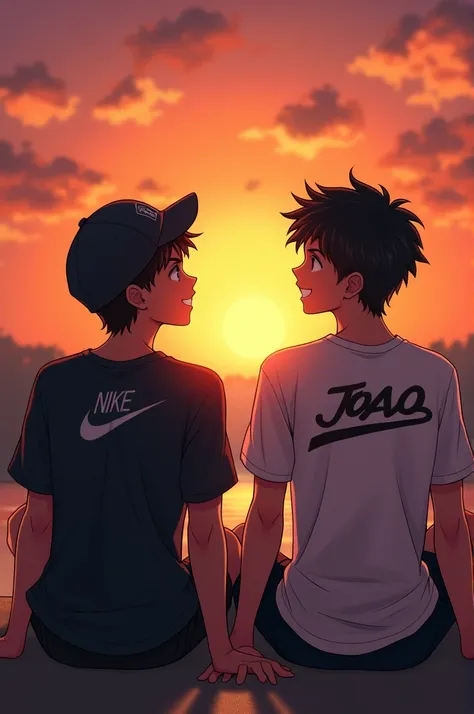 Two young men with black hair ,  a black cap backwards and a Nike t-shirt watching a sunset on their backs and sitting,  the one on the left has JOAO written on the t-shirt and the one on the right BIT 