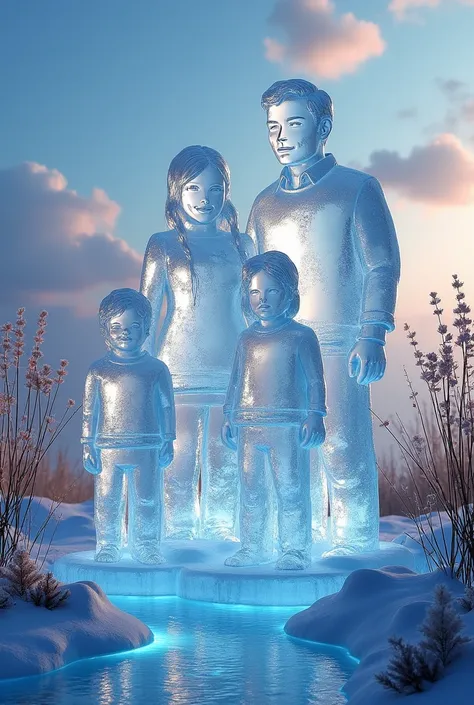 Create a surreal landscape featuring a complete ice sculpture of a family (dad, mom, Son and 2 daughters). One member of the family should be partially melted, with glistening droplets of water reflecting the light. Surround the sculpture with an otherworl...