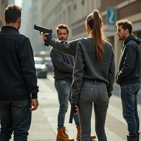 ariana grande she holds a glock, she is wearing skinny high rise grey denim pants and a sweatshirt, timberland boots, her gun is pointed towards 2 men standing over her, she is looking at them in the eyes, From Behind, Ponytail, 