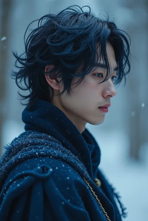 Create a young man of Korean nationality but a young man who is a sorcerer with sorcerer powers with high features wavy and medium length hair with black and blue hair, a cold male profile dressed as a wizard and warrior. 