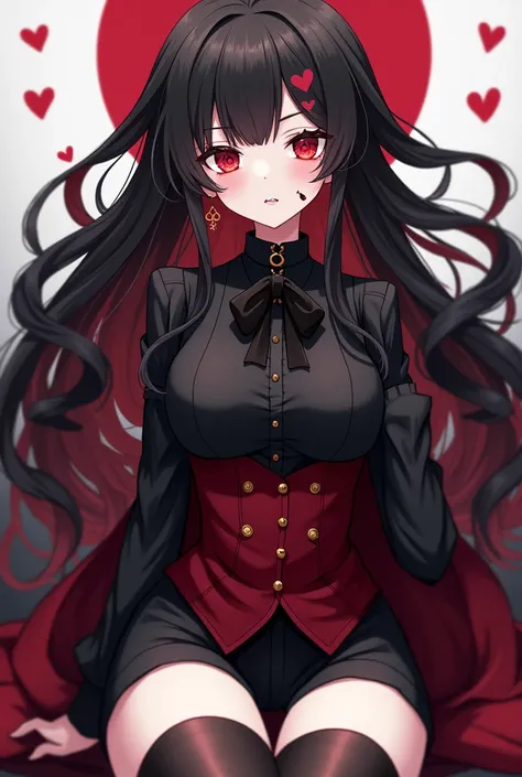 A vampire anime man, that has long black hair, his hair reaches his back, he has reddish highlights in his hair, his bangs are horizontally cut bangs. he is very pale and wears a black blouse with a cherry red waistcoat, and black shorts with thigh highs. ...