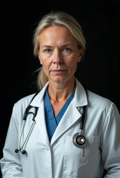 ((photorealist)). A 50-year-old Dutch woman  ,  wearing a typical Dutch Dutch doctors uniform, Her face with a stethoscope around her neck .  black background.
