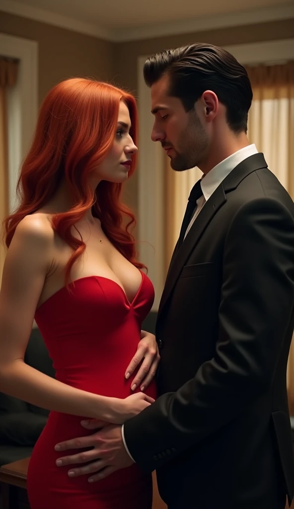 A highly detailed and dramatic scene featuring a beautiful red-haired gorgeous woman placing her hand on her belly, red sexy dress, Between two handsome twin men who are identical CEOs staring at each other,  Perfect features equal to Henry Cavil light eye...