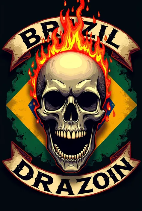 Create a coat of arms of a motorcycle club whose name is Destroyers with a flaming skull and Brazilian flag, Put the name on the top and bottom spelled Brazil
