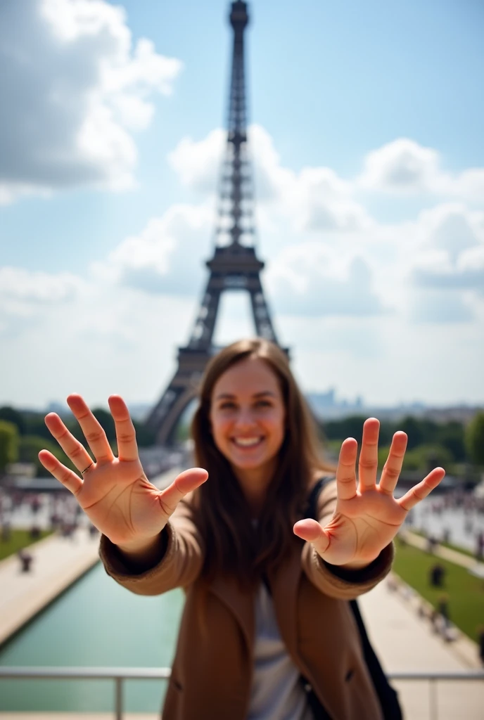 An image that uses forced perspective techniques ,  such as a photo of someone holding the Eiffel Tower with their hands,  creating the illusion that you are interacting with the monument .