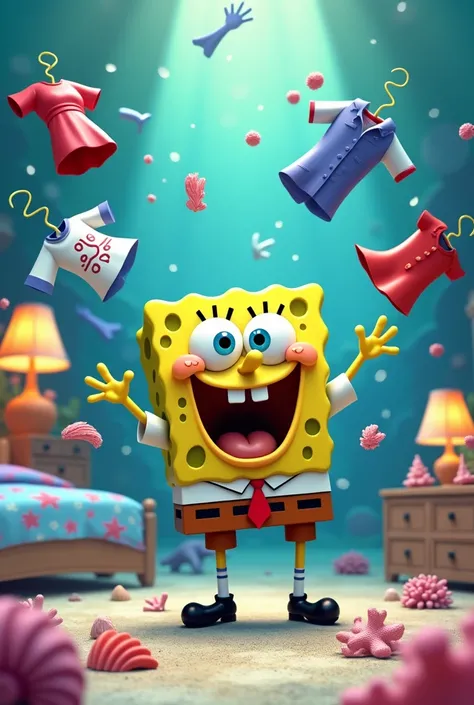 Cartoon sponge character frantically throwing clothes in the air, colorful underwater bedroom, comedic chaos.