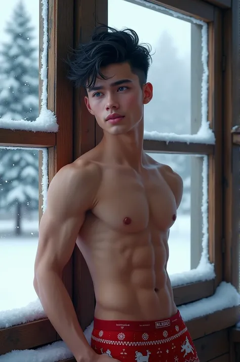  an 18-year-old man , of black hair fade , com estilo messy quiff no topo, With a cut on the side  , defined jaw, light skin,  your eyes are deep blue ,Her pink lips,  your body is muscular with a Christmas cap wearing briefs box  ( red)  with Christmas de...