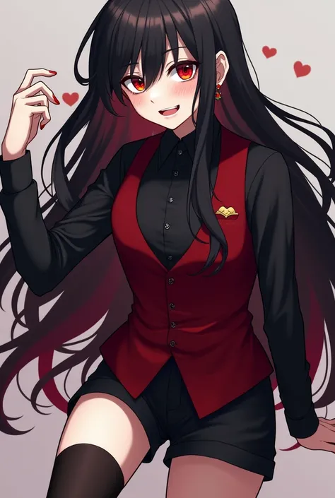 A vampire anime man, that has long black hair, his hair reaches his back, he has reddish highlights in his hair, his bangs are horizontally cut bangs. he is very pale and wears a black blouse with a cherry red waistcoat, and black shorts with thigh highs. ...