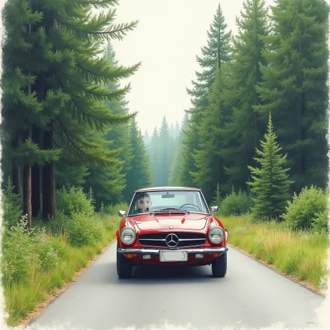 A car is driving on a road in the forest, pencil color sketch