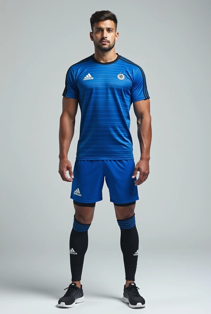  Could you give me the image of the shirt that has horizontal stripes , The shorts and tights the team colors are blue and black and the outfit is Adidas