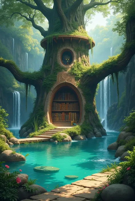 Generate an illustration of a mystical and organic library, inspired by Nausicaä and the anime style of Ghost in the Shell. The central focus of the library is a towering, ancient tree that grows from the middle of a crystal-clear lake, its roots intertwin...