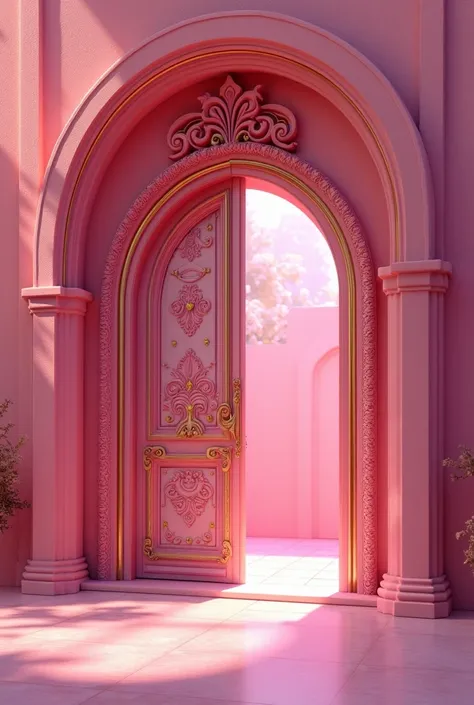 Medieval princess castle door with arabesques in pink and gold pink wall.   animated