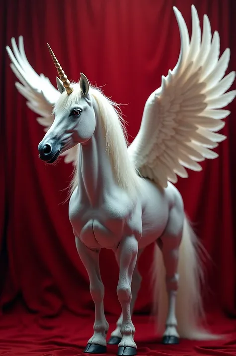 Beautiful and strong unicorn with big wings and dark red background 