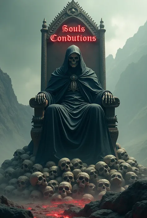 Create an image of the Reaper sitting on a throne atop a mountain of skulls 
Above the throne written in Red the phrase : SOULS CONDUTIONS