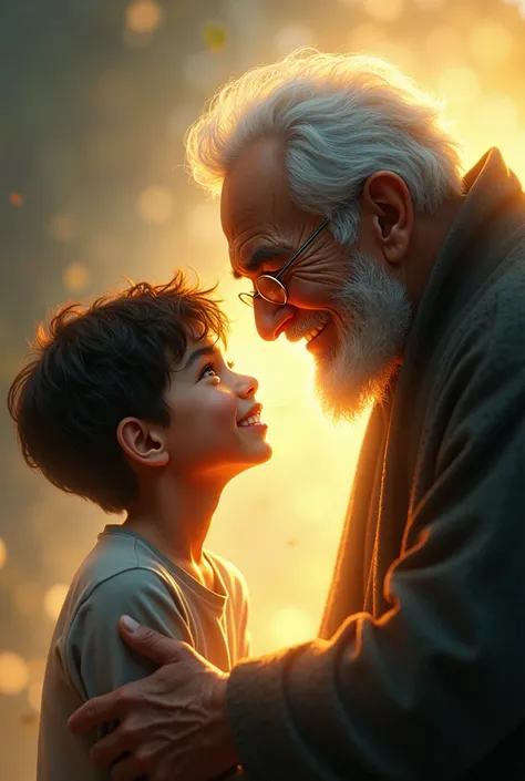 " The boy stops in his tracks and turns to the left , where he meets the figure of his grandfather ,  sitting in an armchair with a warm and loving smile . The grandfather tiene un aspecto más joven que en la realidad,  with darker hair and a brighter look...