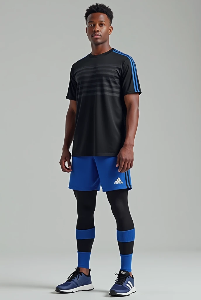 Could you give me the image of the t-shirt that has black horizontal stripes distributed across the shirt, The shorts and tights the team colors are blue and black and the outfit is Adidas