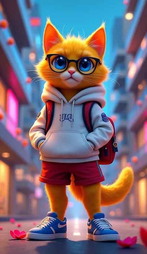  create a 3D image A yellow fur cat in the style of a rose black pink standing confidently in a city , The cat is wearing a white hoodie red shorts , blue sneakers , red black backpack .  sapphire blue sharp eyes exude a cool and fashionable impression . c...